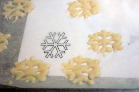 Print out a small snow flake, lay a sheet of wax paper, and melt white candy melts, fill into a Ziploc bag and cut a small hole in corner, and start making your snow flakes. Refrigerate till harden, takes a few minutes. 